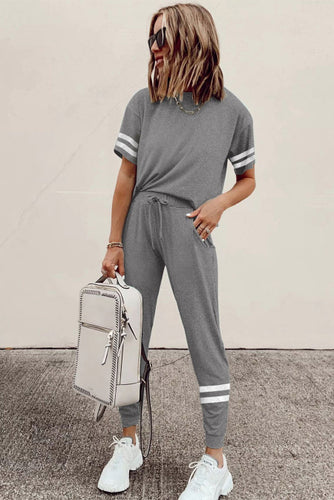 551. Gray Striped Accent Short Sleeve and Joggers Set