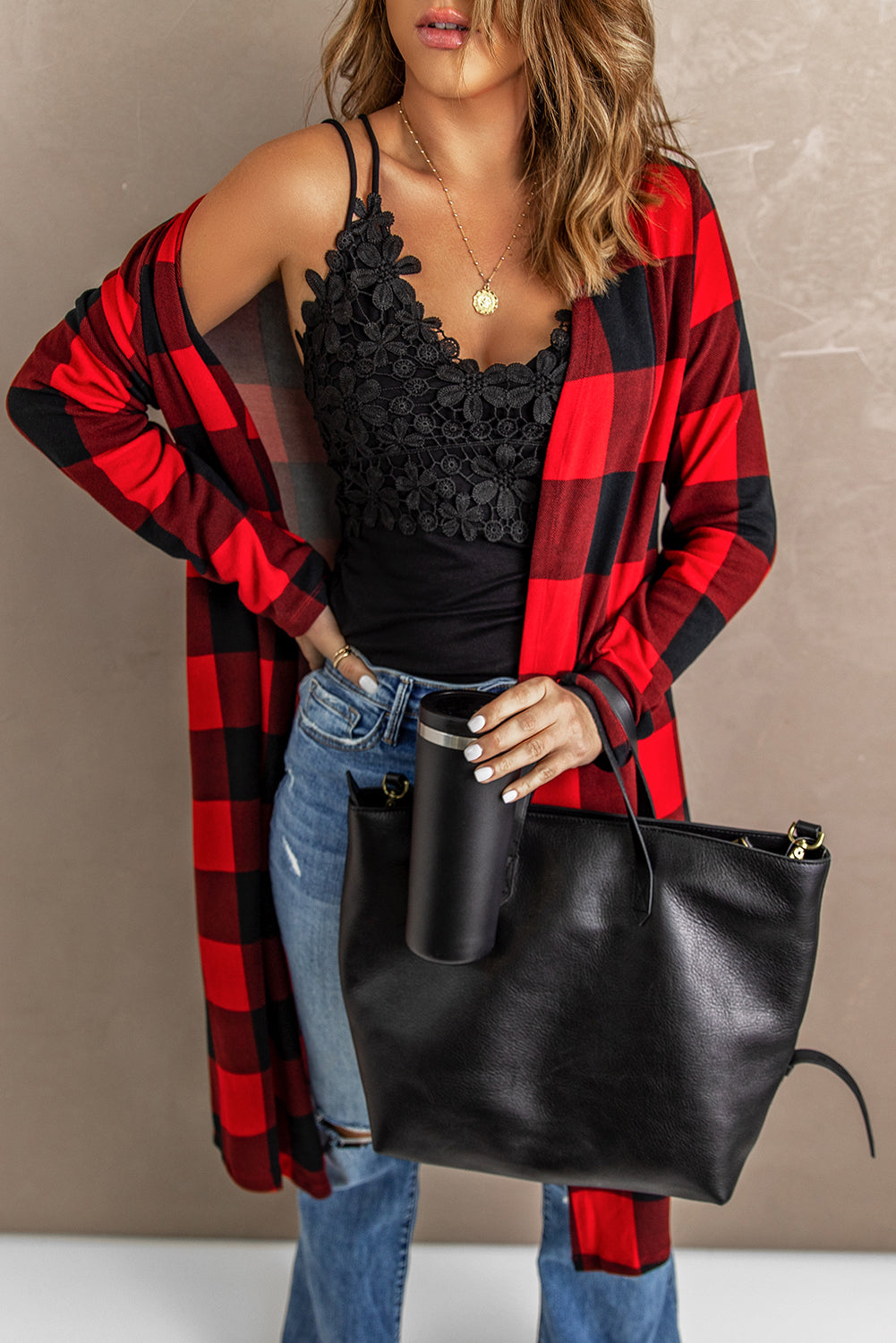 Red Plaid Print Long Cardigan