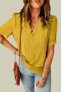 Yellow Lace Splicing V-Neck Swiss Dot Short Sleeve Top