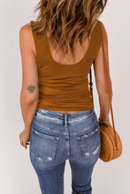 Load image into Gallery viewer, Brown Lace up Hollow-out Neck Solid Tank Top