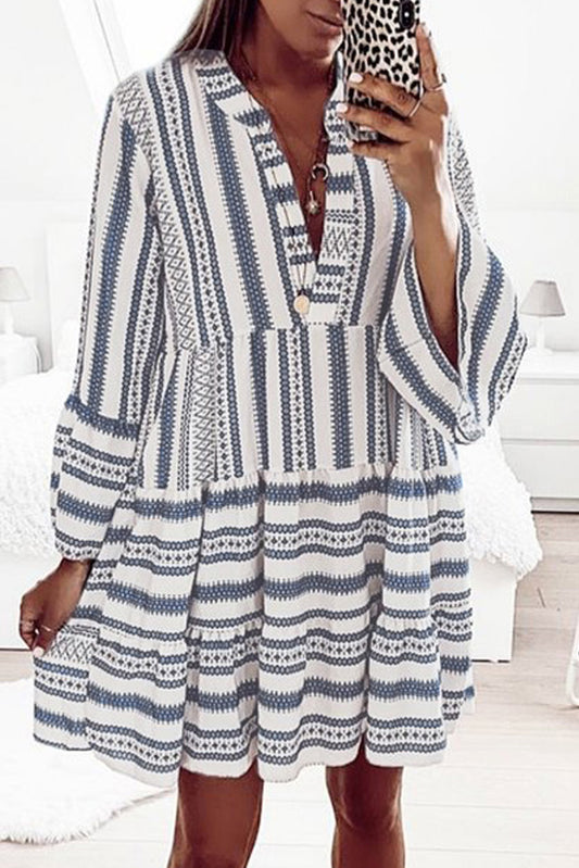 Sky Blue Geometric Print V neck Ruffle Swing Mini Dress