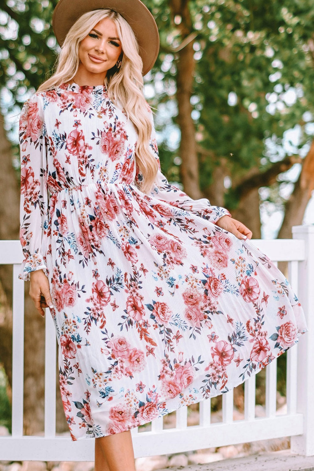 Beige Floral Print Puffy Sleeve Ruffled Midi Dress