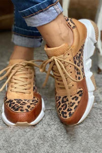 Leopard Faux Leather Color Block Lace Up Sneakers