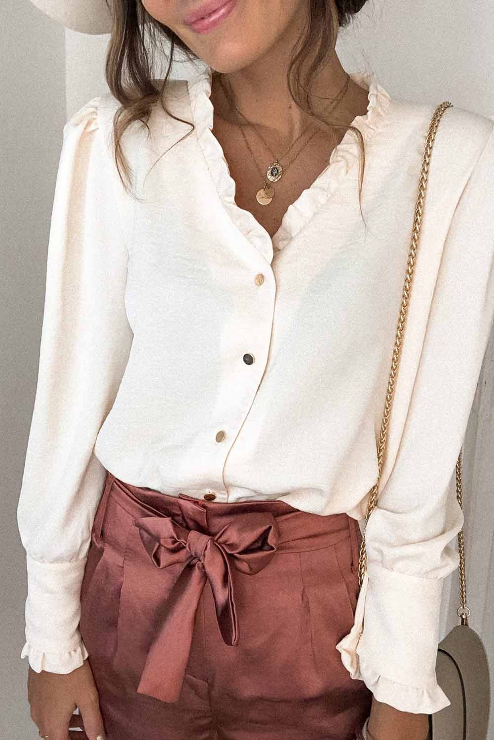 Beige Frilled V Neckline Buttoned French Shirt