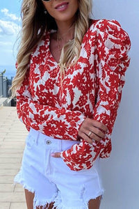 Red V Neck Puff Sleeve Floral Print Blouse