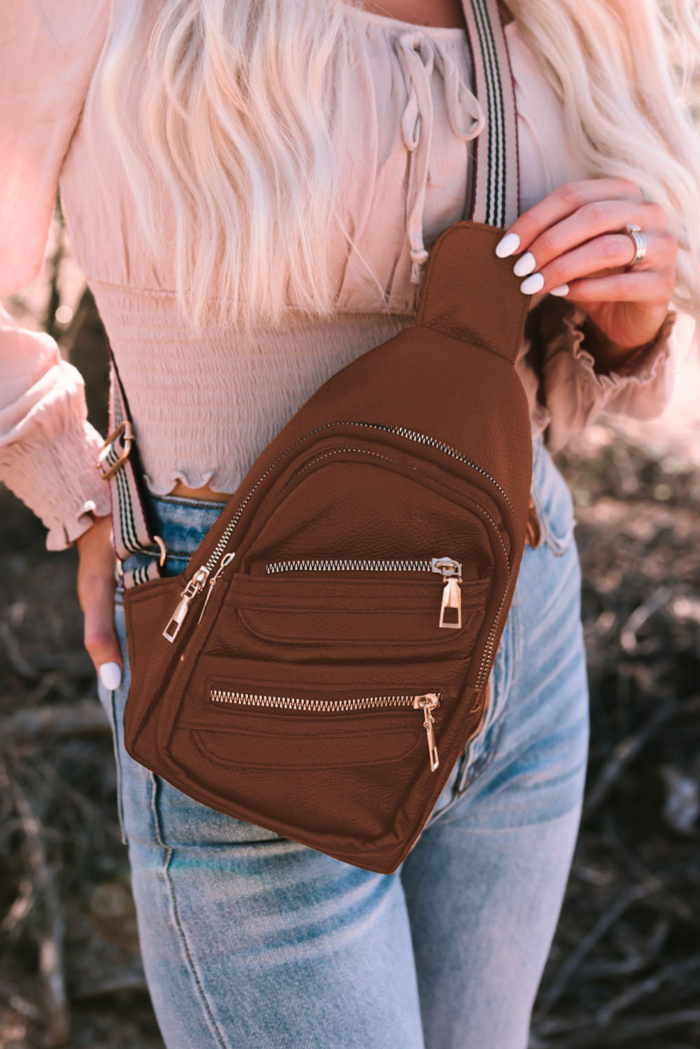 Brown Faux Leather Multi-pockets Zipped Chest Bag