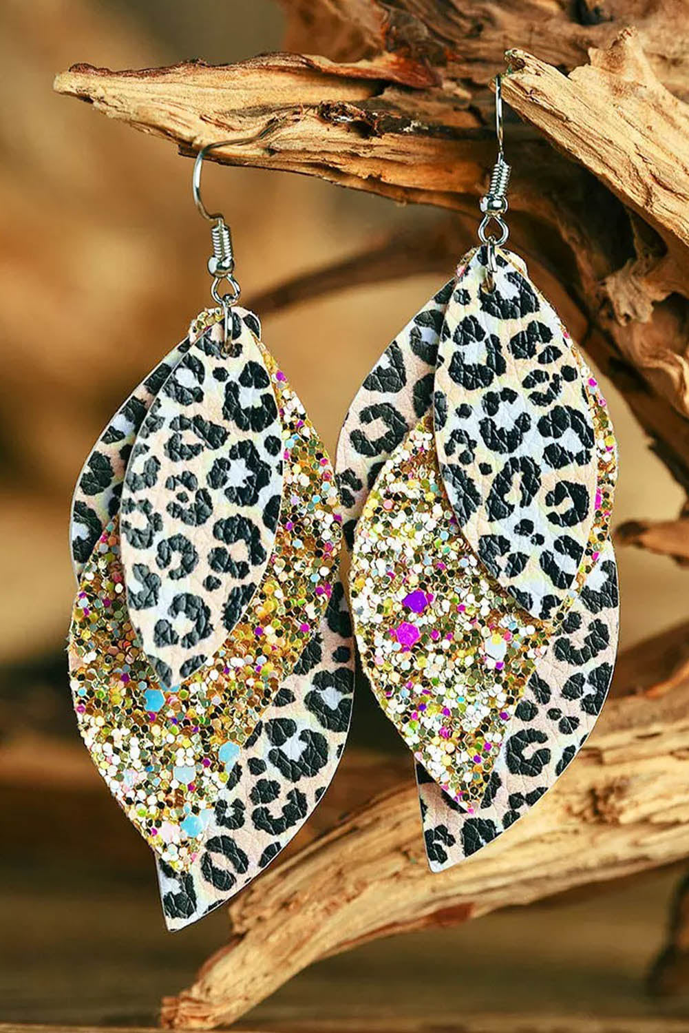 Leopard Sequin Print PU Leather Drop Earrings