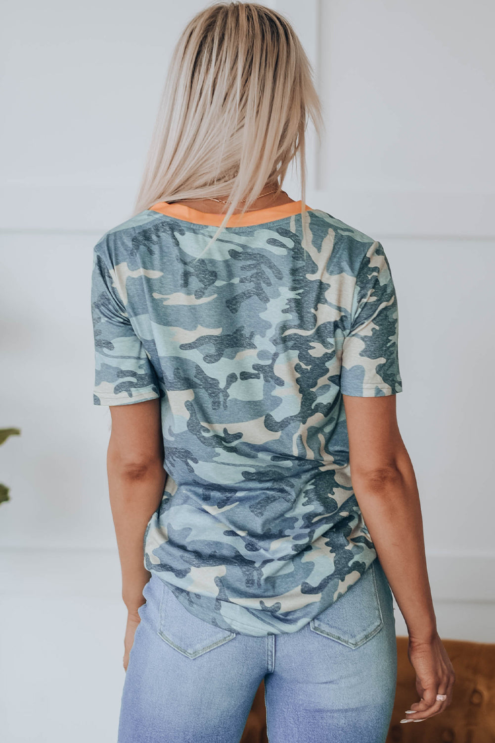 Camouflage Print V Neck Short Sleeve T Shirt