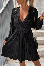 Black Surplice V Neck Pleated Midi Dress with Belt