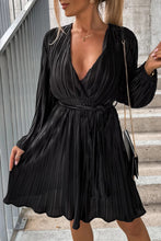 Load image into Gallery viewer, Black Surplice V Neck Pleated Midi Dress with Belt