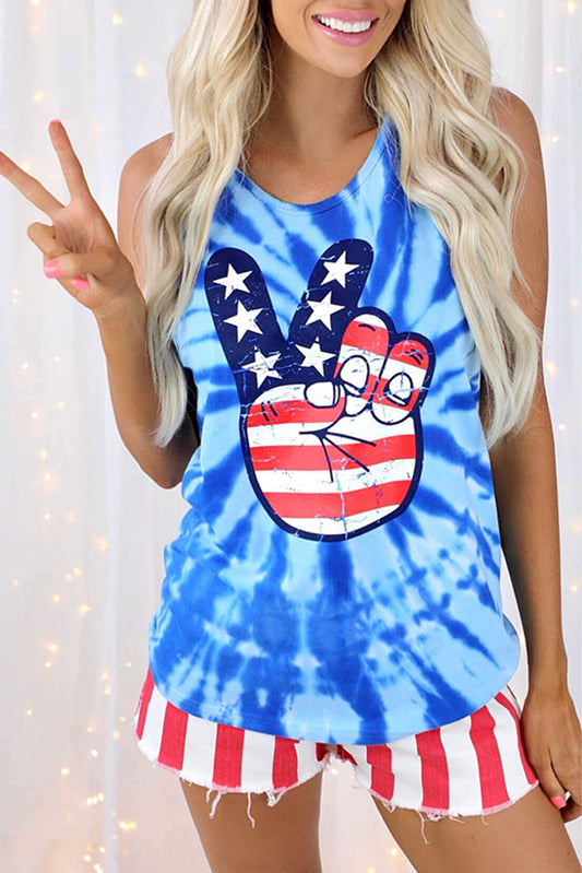 Sky Blue America Peace Tie Dye Striped Star Tank Top