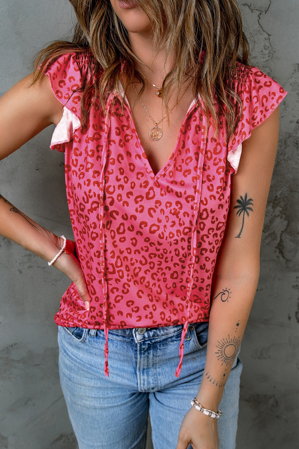 Red Frilled Spilt V Neck Leopard Ruffled Top