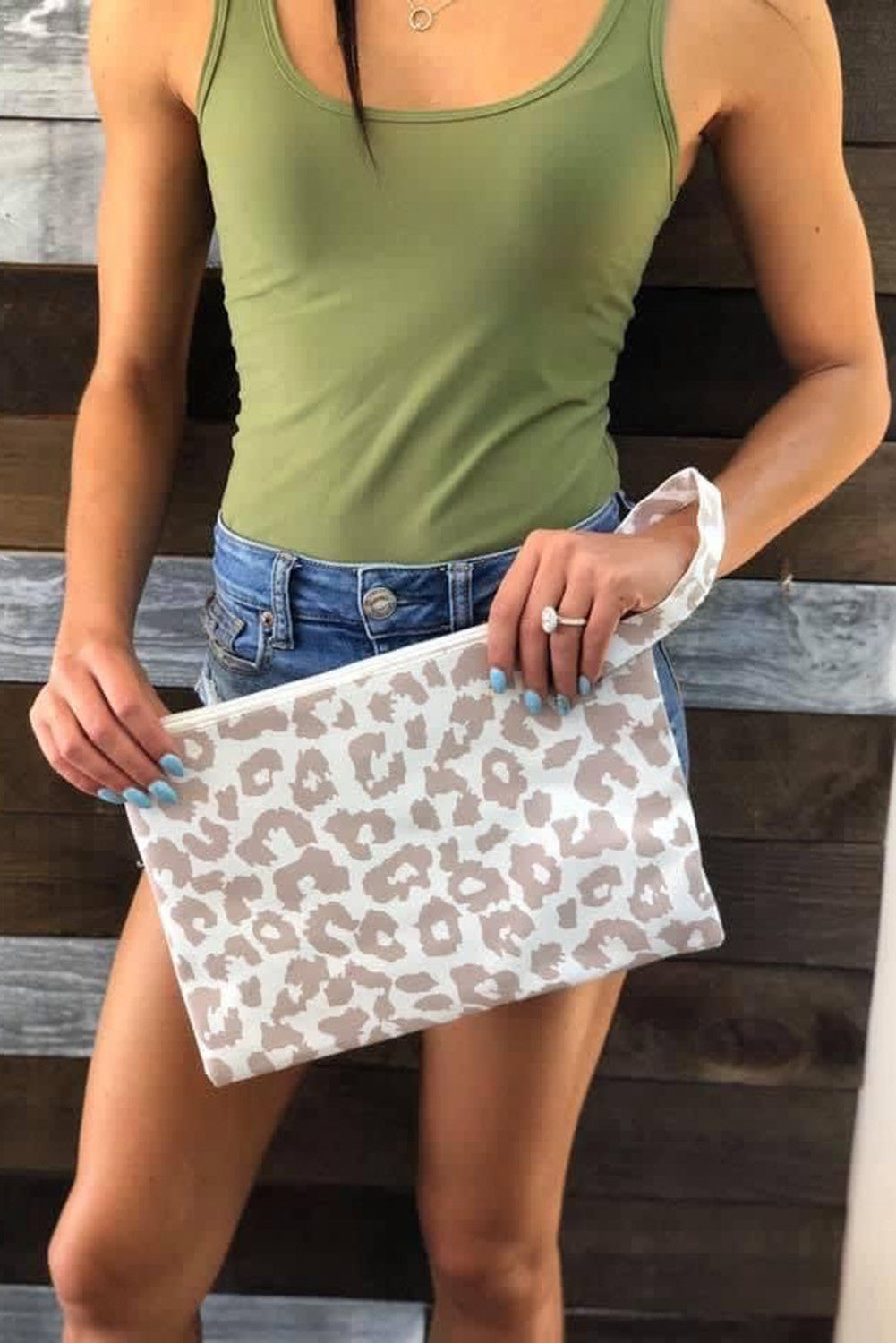 Leopard Print Wristlet Faux Leather Clutch