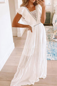 White Lace Contrast V Neck Ruffled Maxi Dress