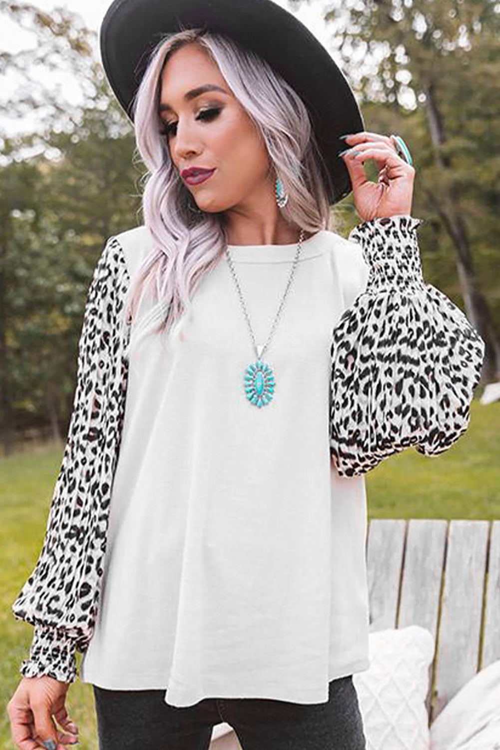 Leopard Print Crew Neck Puff Sleeve Top