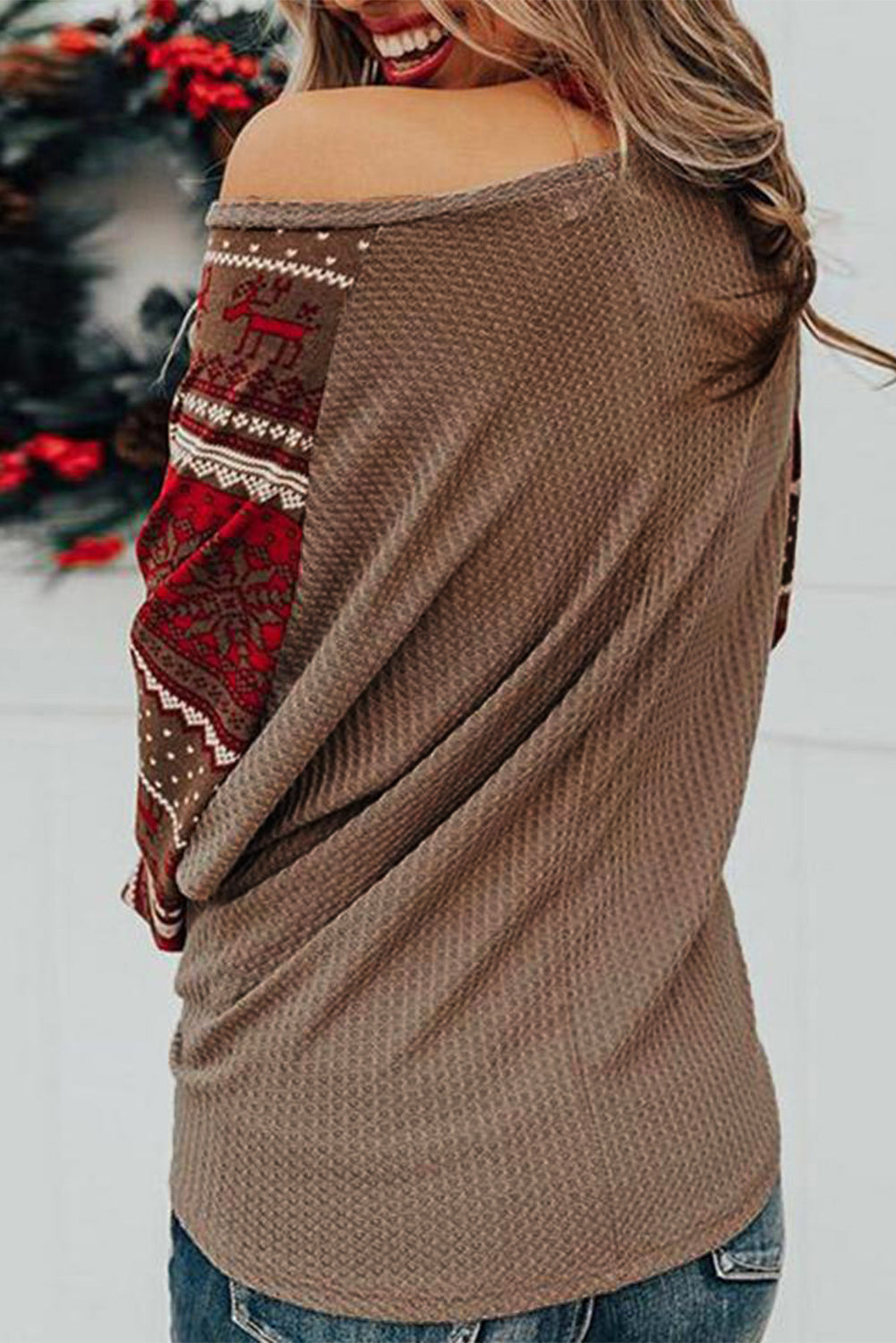 Brown Round Neck Print Waffle Knit Top