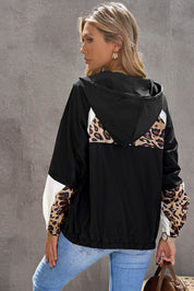89. Black Leopard Print Contrast Stitching Hoodie Raincoat