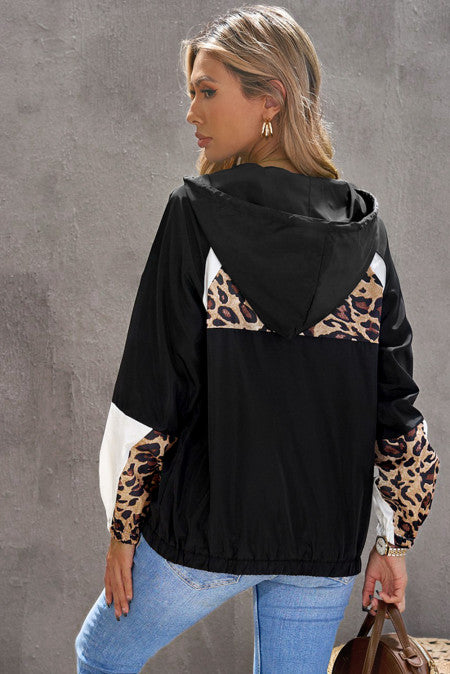 89. Black Leopard Print Contrast Stitching Hoodie Raincoat