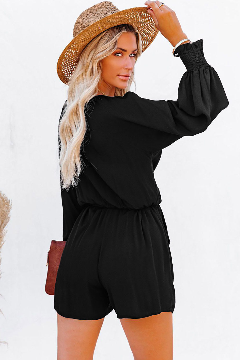 Black Tie Knot Puff Long Sleeve Romper