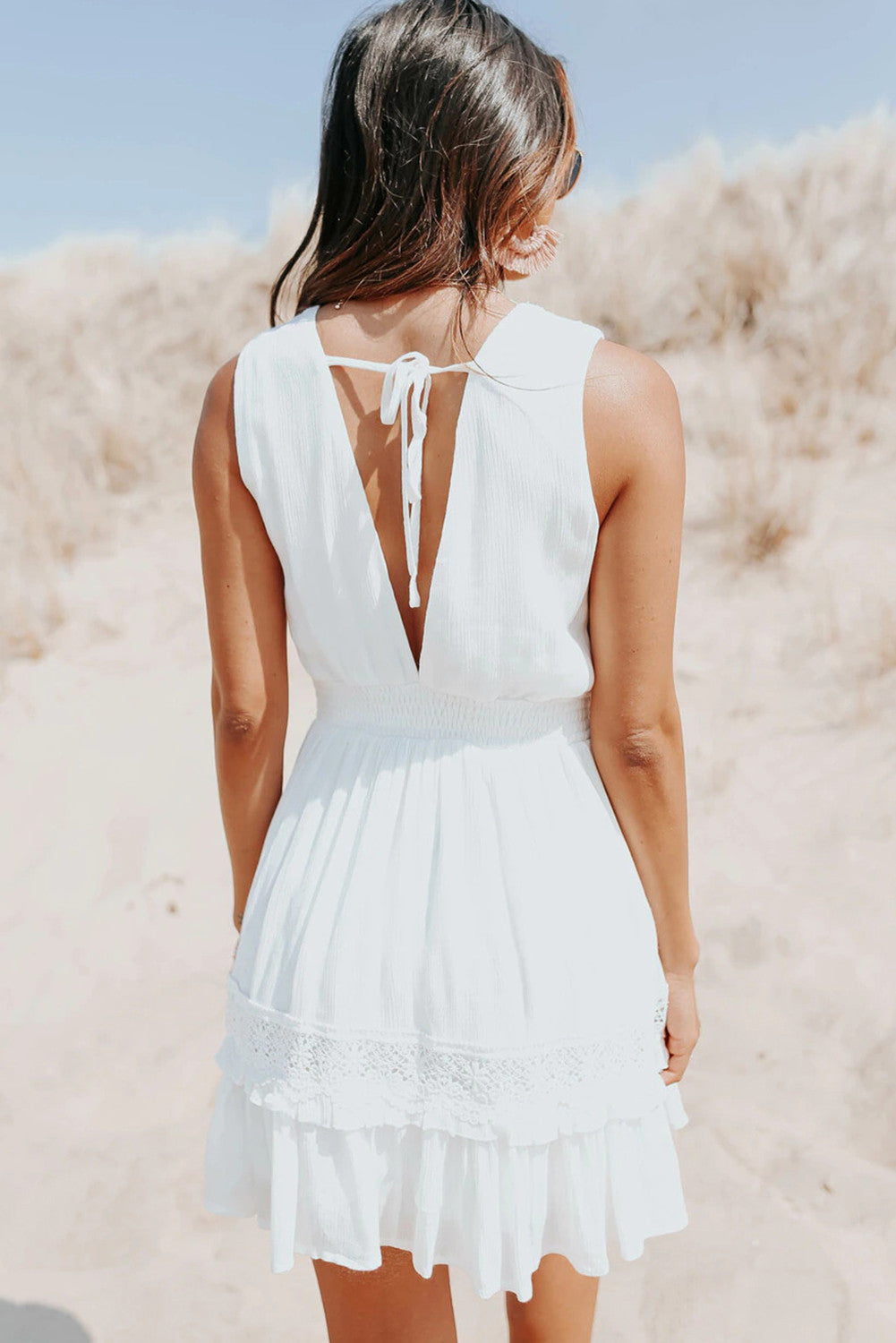 White Lace Crochet Flounce V Neck Sleeveless Mini Dress