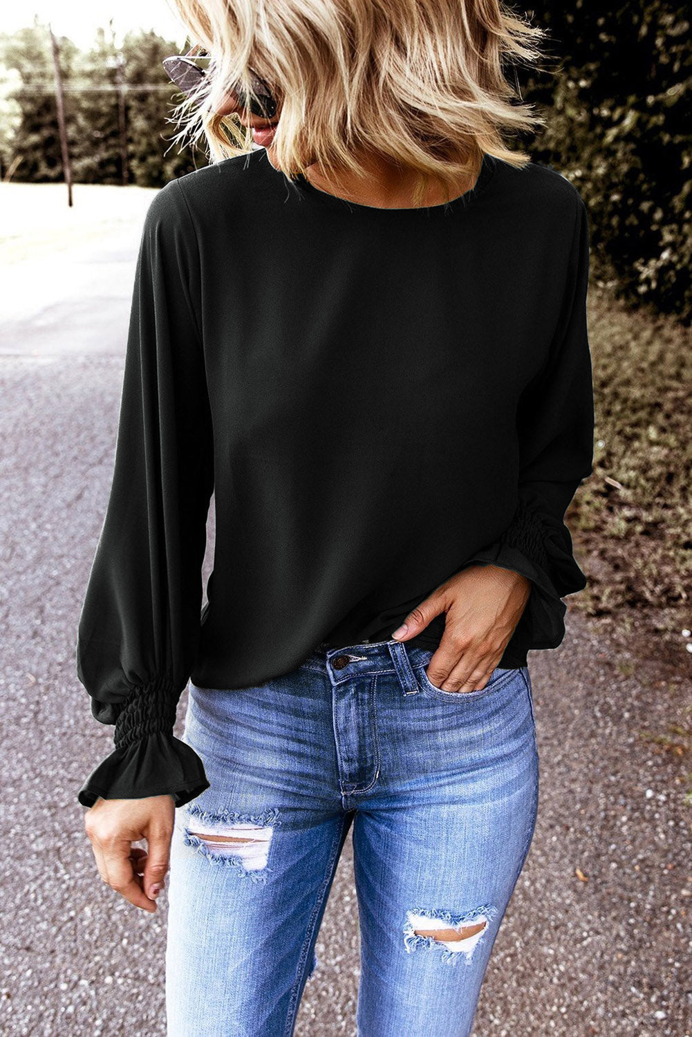 Black Crew Neck Ruffle Bubble Sleeve Top