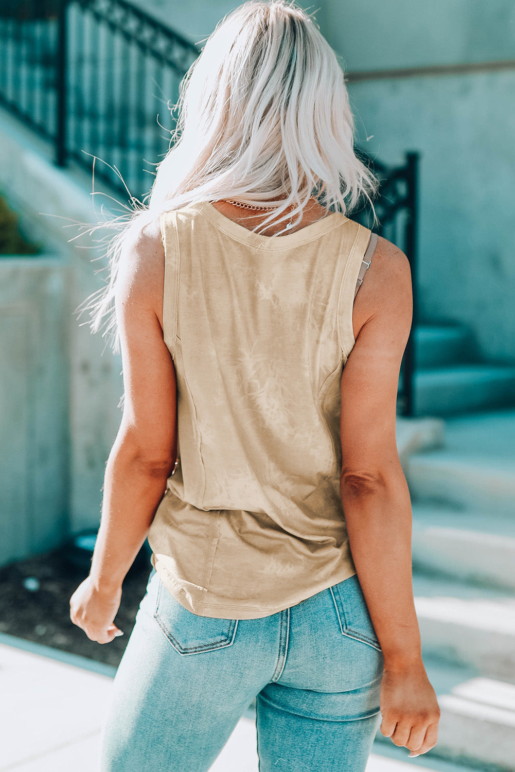 Khaki Tie Dye Print Seamed Crew Neck Tank Top