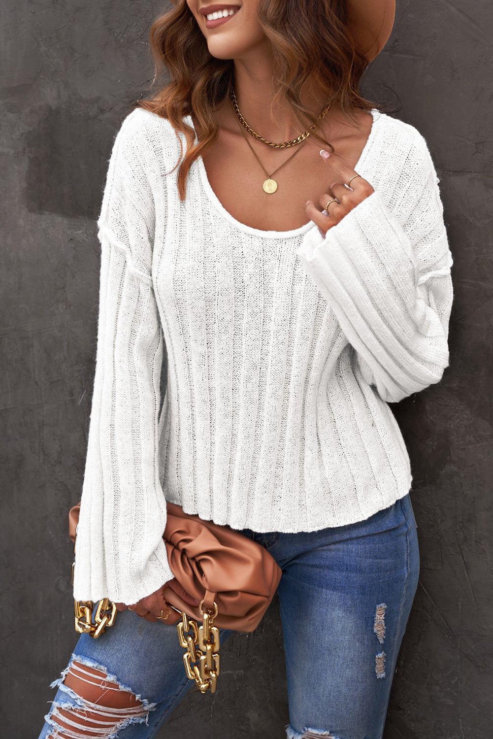 White Drop Shoulder Loose Knitted Sweater