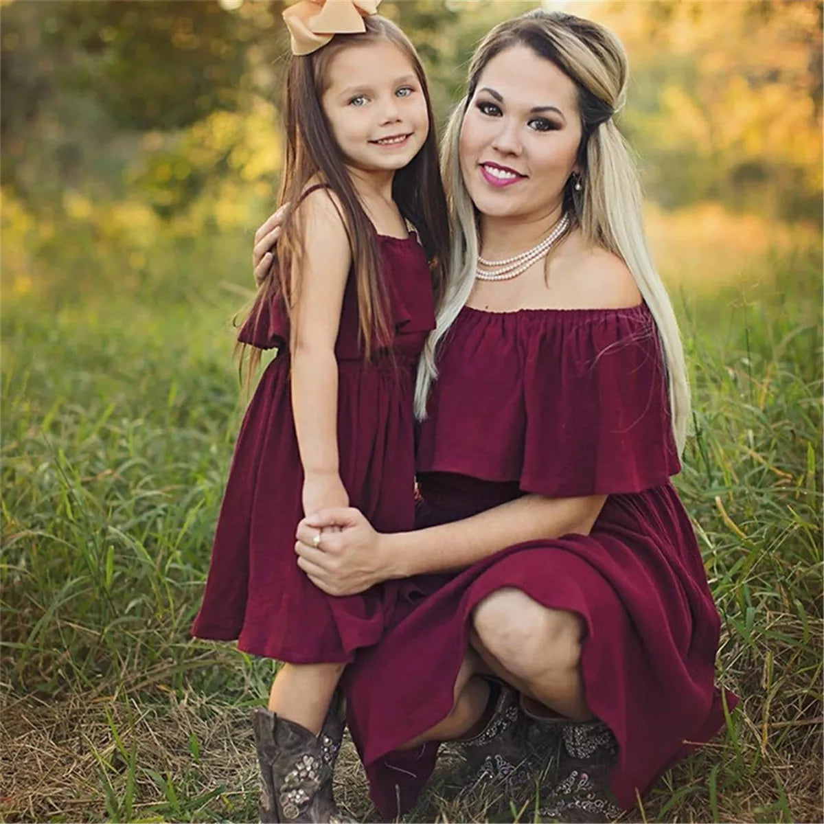 Burgundy Solid Color Suspender Dress for Mother and Daughter