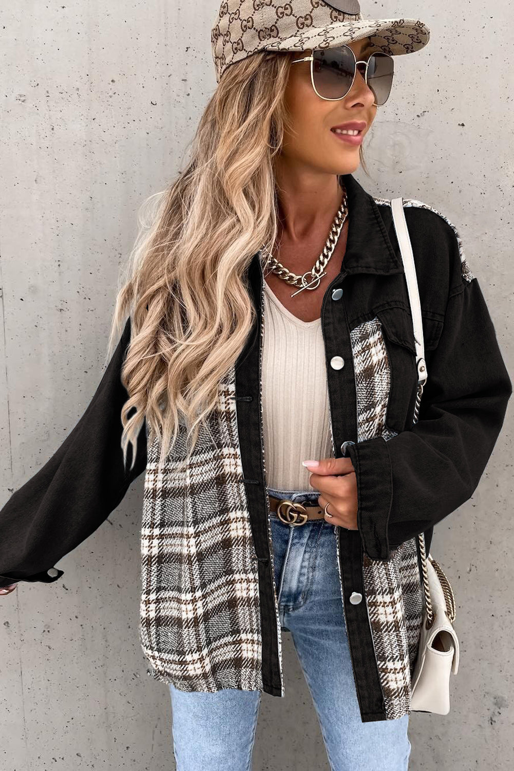 Black Plaid Patchwork Raw Hem Denim Jacket