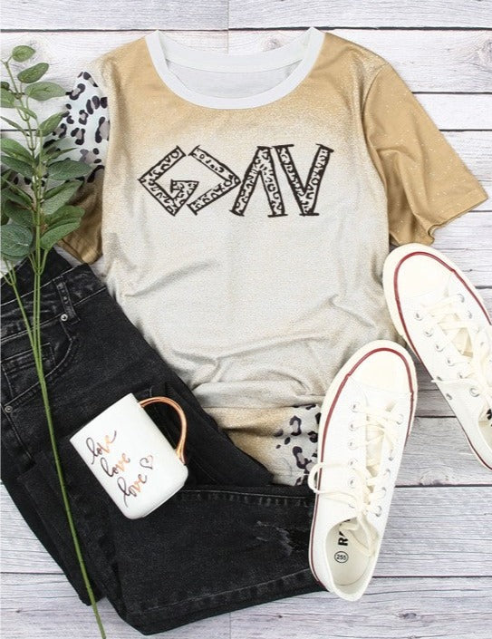 God is Greater Khaki Bleached Leopard Print Crew Neck T Shirt