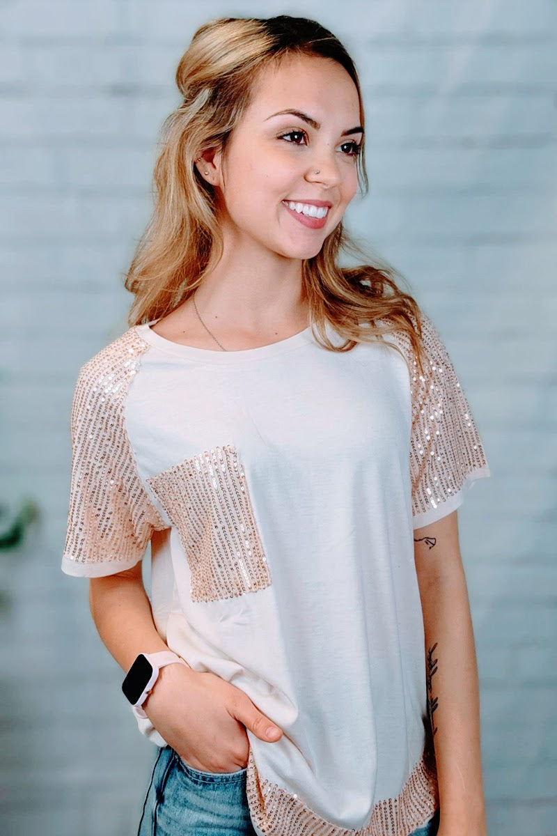 Apricot Sequin Contrast Pocket Tee