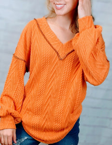 Orange Textured V Neck Long Sleeve Knit Top