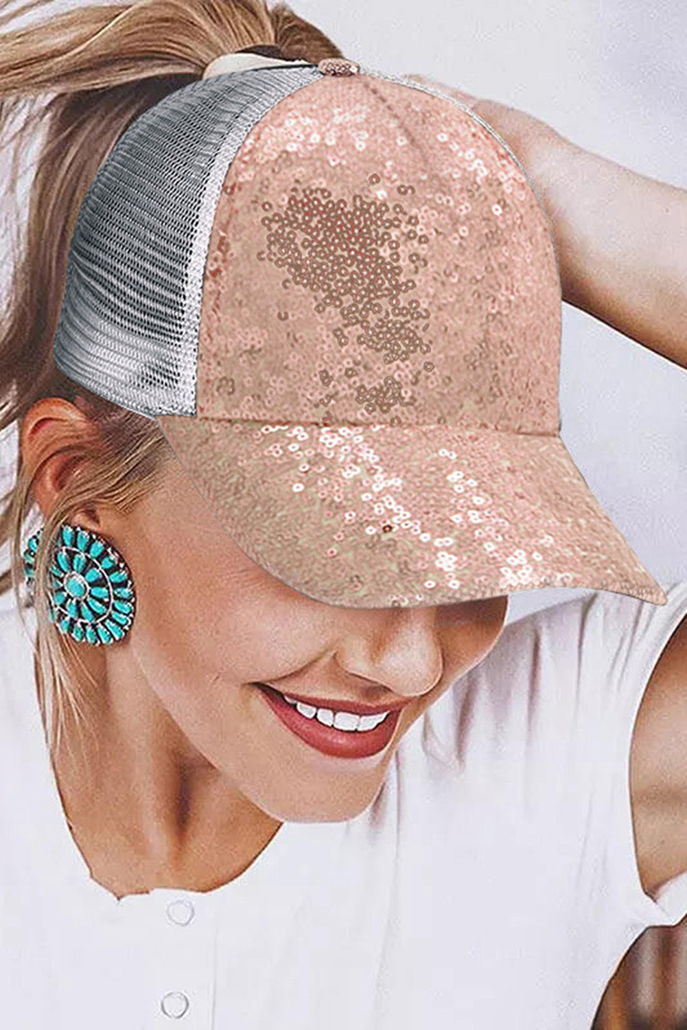 Apricot Sequin Mesh Crisscross Back Ponytail Baseball Cap