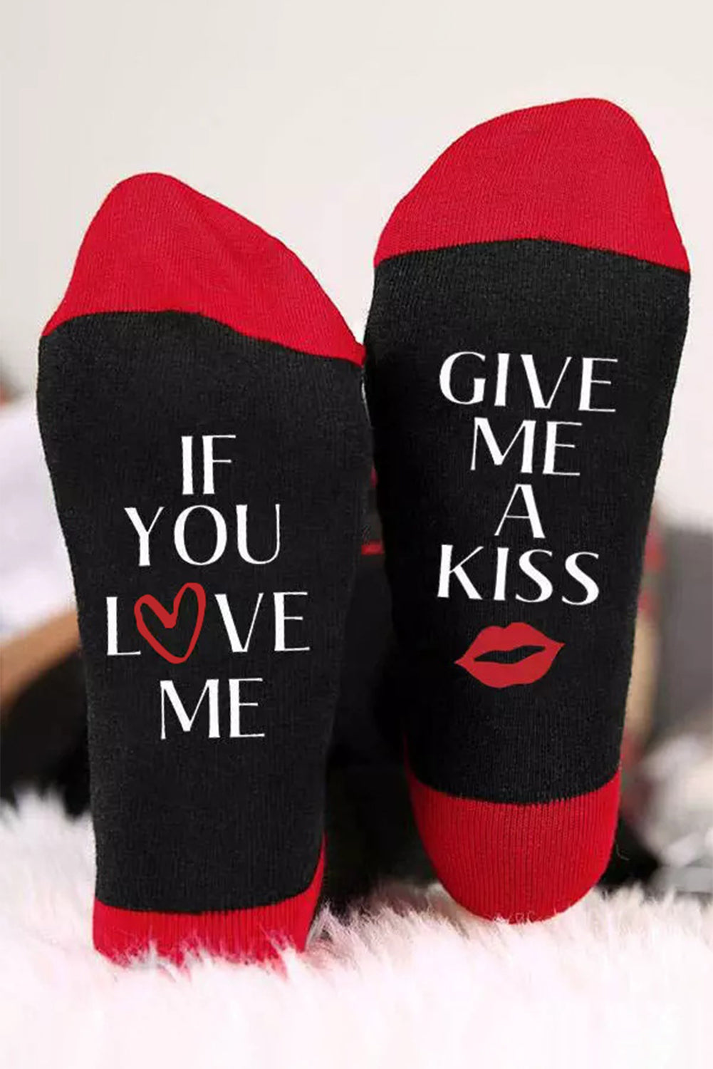 Letter Heart Lip Print Color Block Crew Socks