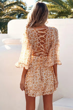 Load image into Gallery viewer, Orange Lace-up Back Ruffled Floral Print Dress