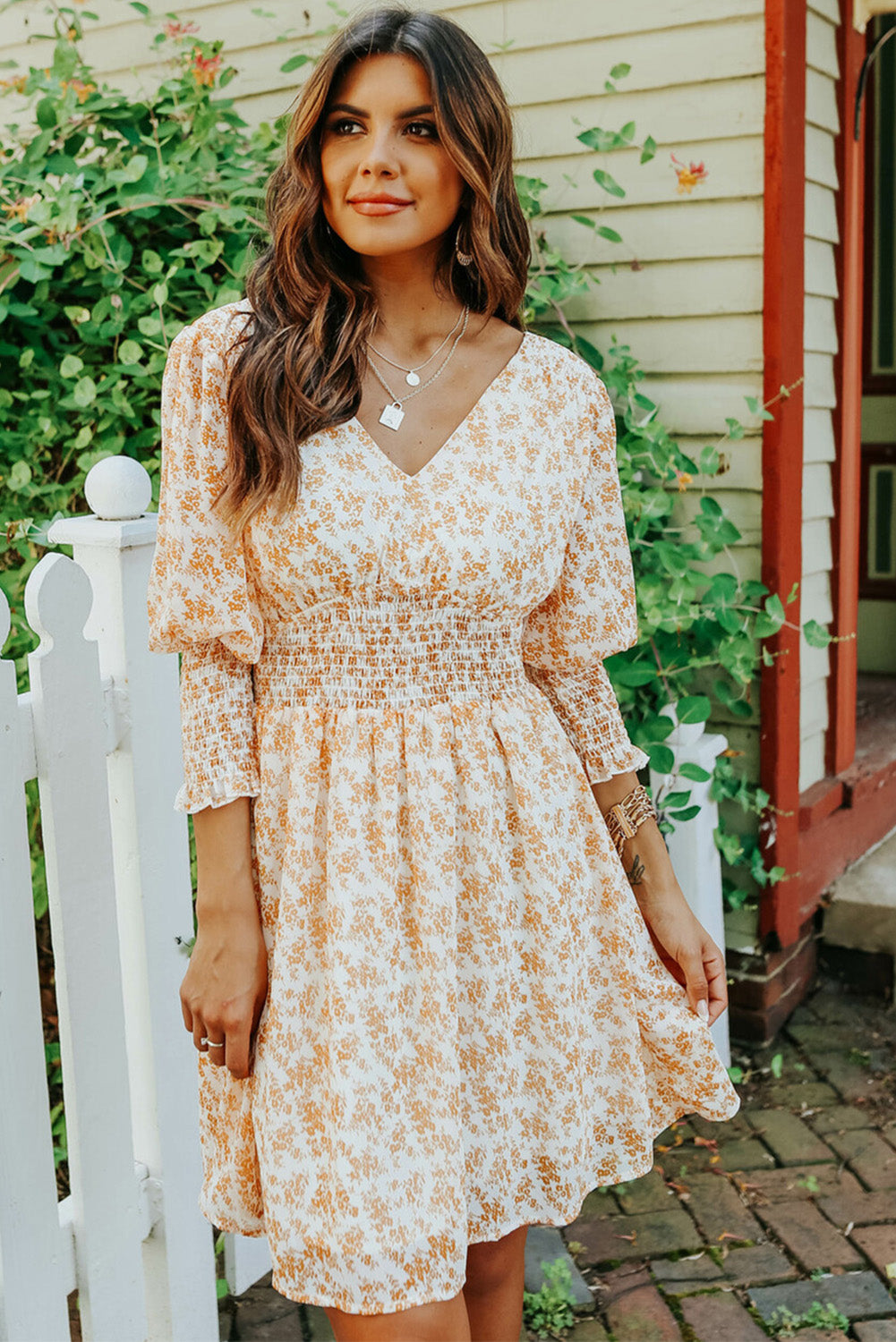 Yellow V-Neck 3/4 Sleeve Smocked Floral Dress