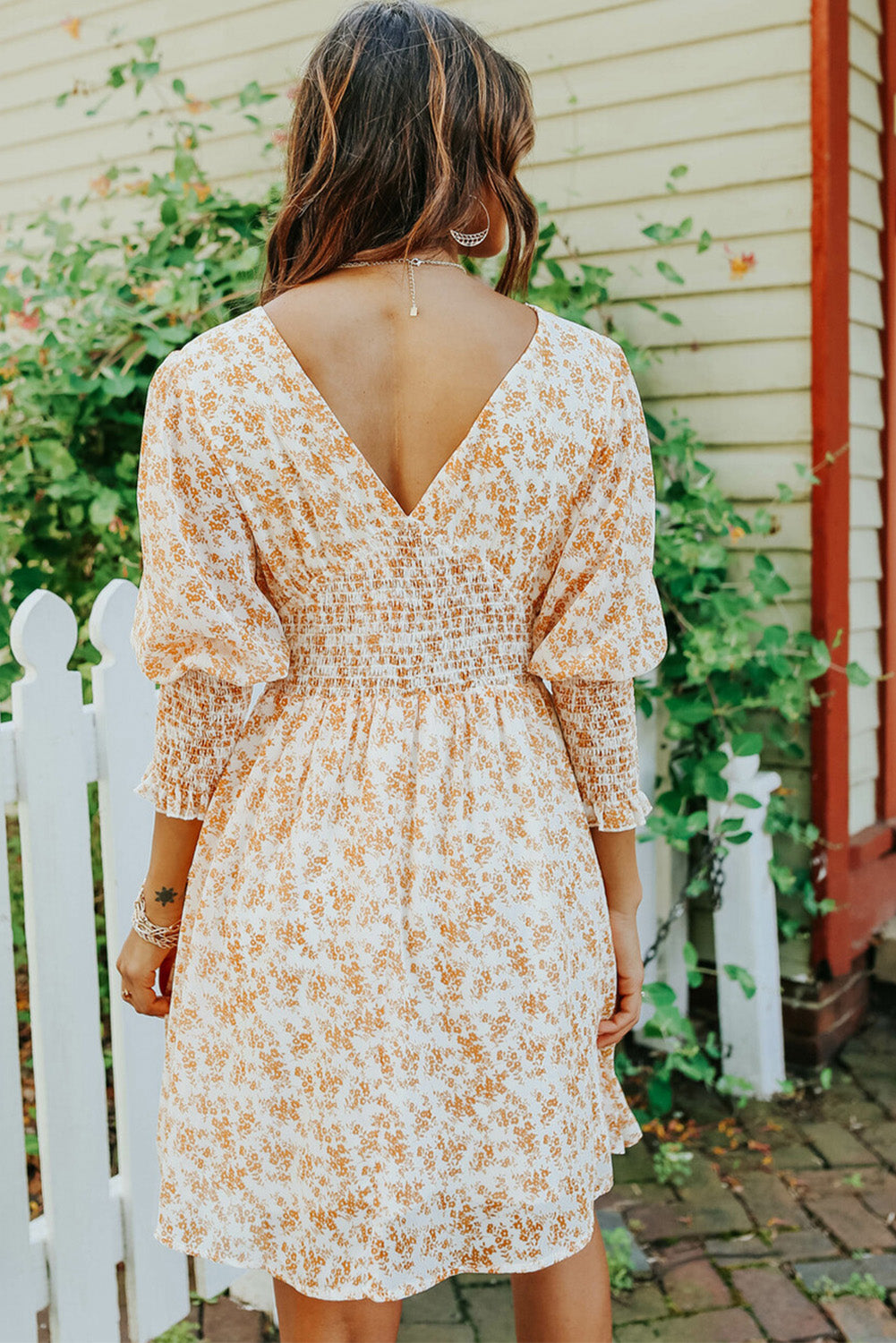 Yellow V-Neck 3/4 Sleeve Smocked Floral Dress