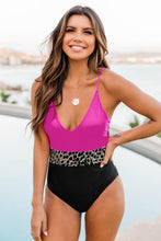 Load image into Gallery viewer, Rose Splicing Leopard Print Color Block One Piece Swimsuit