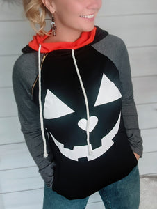 Halloween Pumpkin Face Print Zip Long Sleeve Hoodie with Pocket
