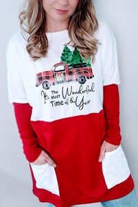 957. Red Christmas Printed Contrast Tunic Top