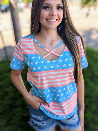 Sky Blue Stars and Stripes Print Crisscross Neck Tee