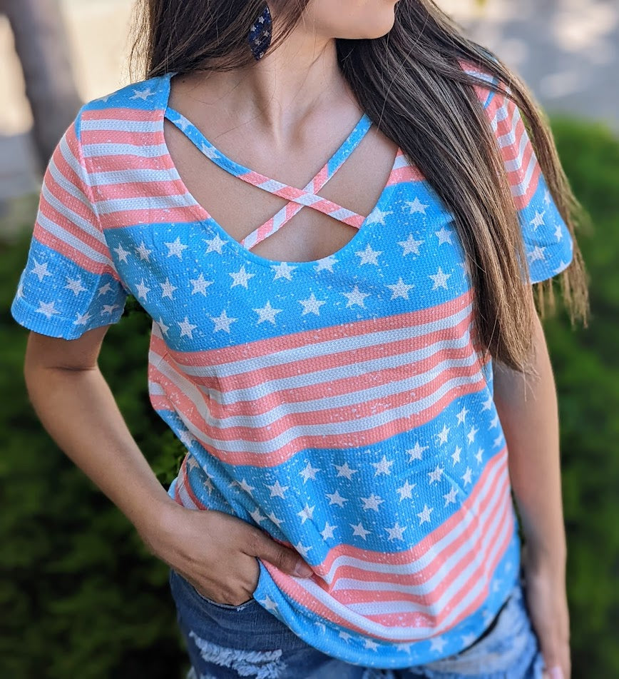 Sky Blue Stars and Stripes Print Crisscross Neck Tee