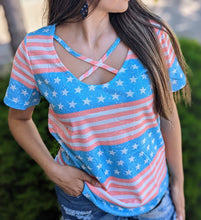 Load image into Gallery viewer, Sky Blue Stars and Stripes Print Crisscross Neck Tee
