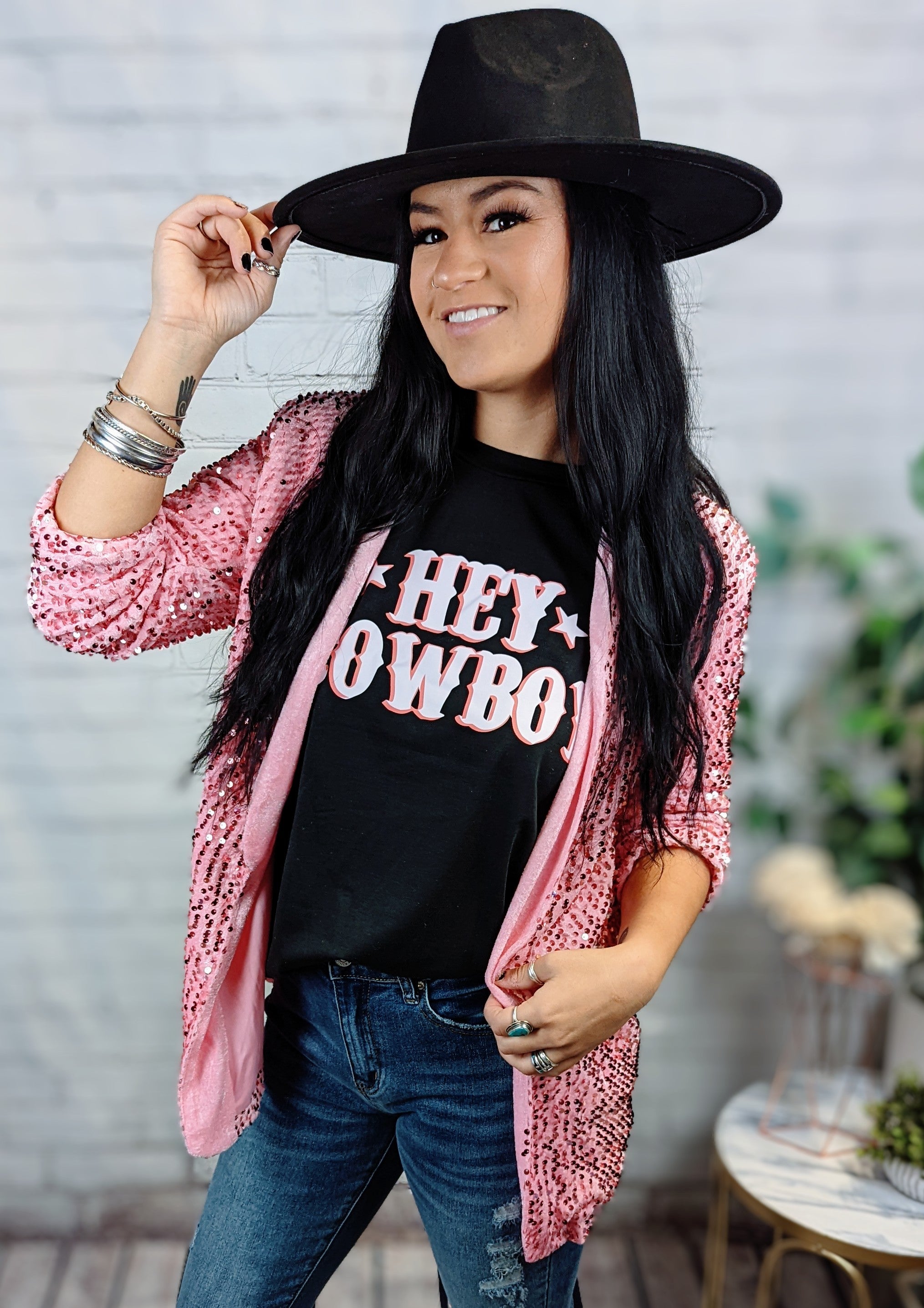 Black HEY COWBOY Letters Crew Neck T-shirt