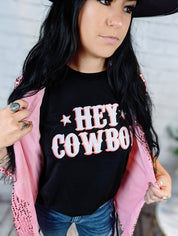 Black HEY COWBOY Letters Crew Neck T-shirt