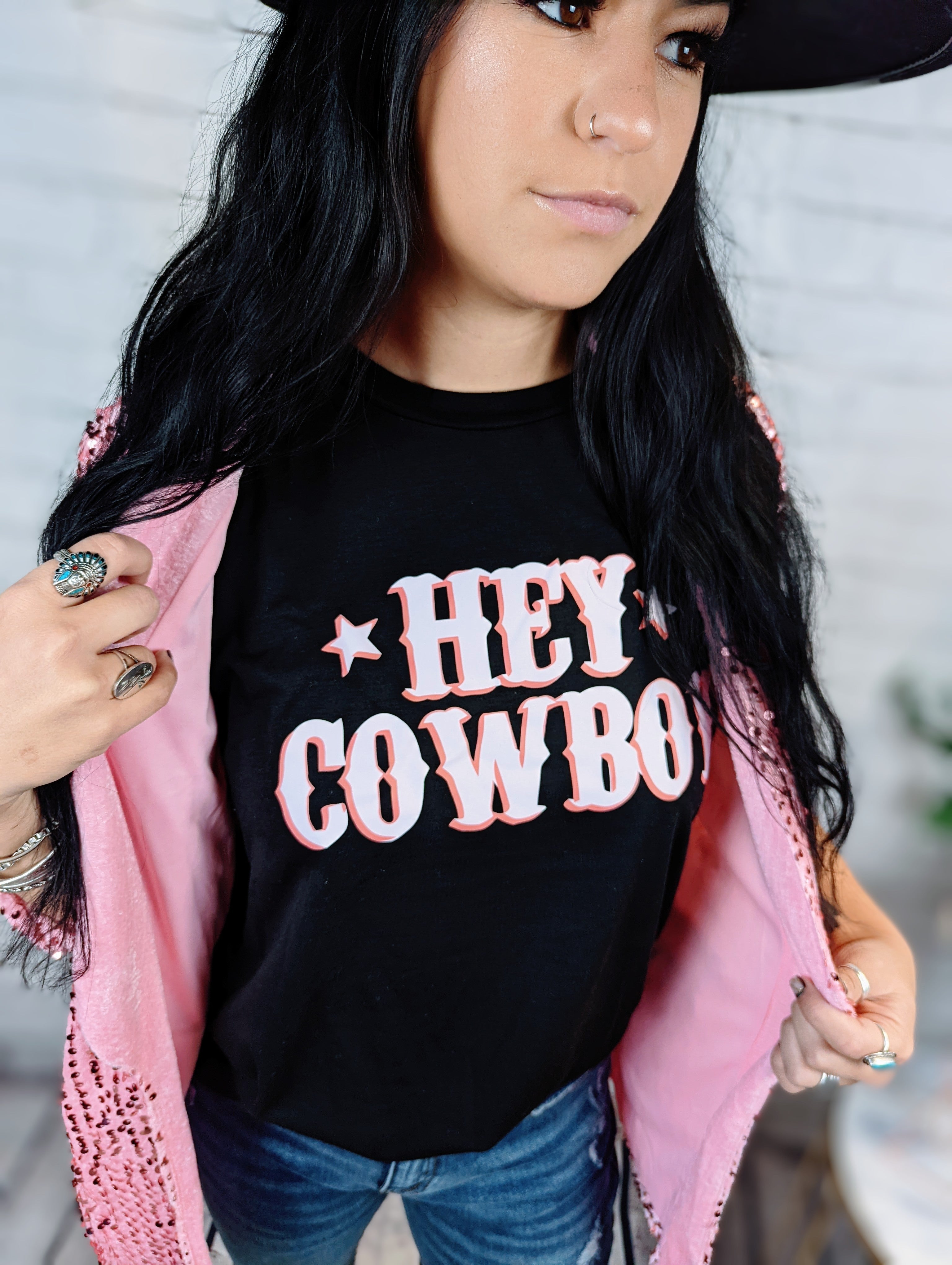 Black HEY COWBOY Letters Crew Neck T-shirt