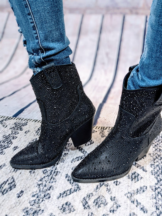 Black Rhinestone Cowboy Bootie