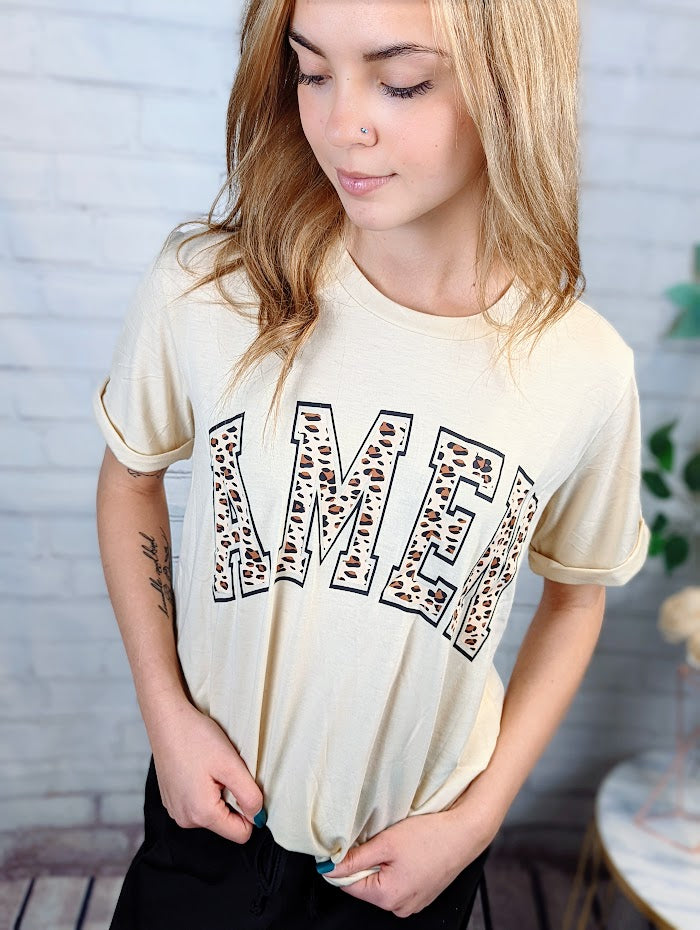 Khaki AMEN Leopard Print Short Sleeve Graphic T Shirt