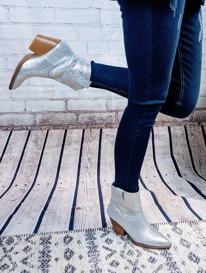 Silver Rhinestone Cowboy Bootie