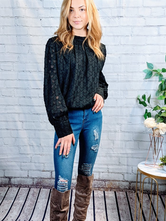 Black Lace-up Mock Neck Bubble Sleeves Blouse